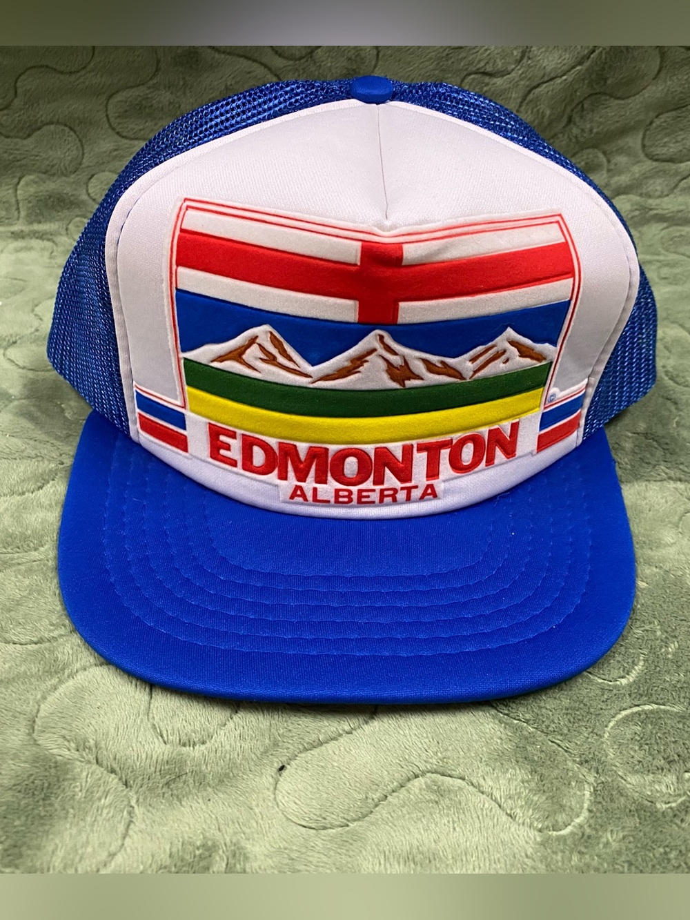Vintage 80s Edmonton Alberta Foam Print Snapback Trucker Hat, Blue